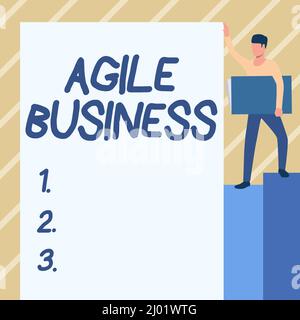 Handschrift Text Agile Business. Die konzeptionelle Fotofunktion zur schnellen Anpassung an die Marktsituation ist Trend man Standing mit einem großen Notebook Stockfoto