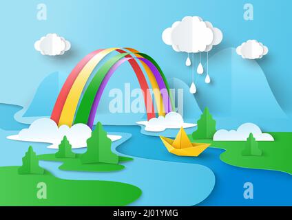 Regnerische Wolken am Himmel, Regenbogen über dem Fluss, Boot auf dem Wasser, Vektorgrafik im Papierkunststil. Stock Vektor