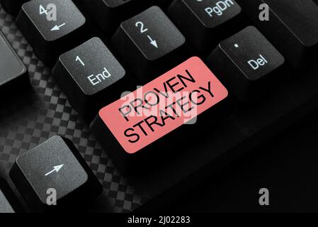 Handschrift Zeichen bewährte Strategie. Geschäftsidee bestätigt Ansatz oder Praktiken bei der Generierung von Verkäufen oder Leads Abstract Typing Online-Einladung Stockfoto