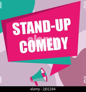 Konzeptionelle Darstellung Stand Up Comedy. Geschäftskonzept Comedian, der vor dem Live-Publikum spricht Megaphone Drawing, der mit Chat Box spricht Stockfoto