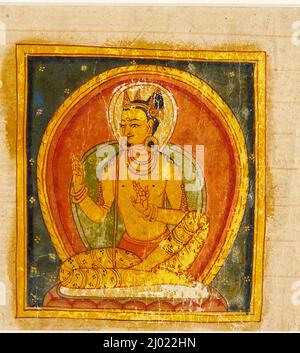 Ein Buddha (links); gekrönte Gottheit (rechts); Folio aus einem buddhistischen Manuskript. Westtibet (?), ca. 13.. Jahrhundert. Manuskripte. Undurchsichtige Aquarelle, Gold und Tinte auf Papier Stockfoto