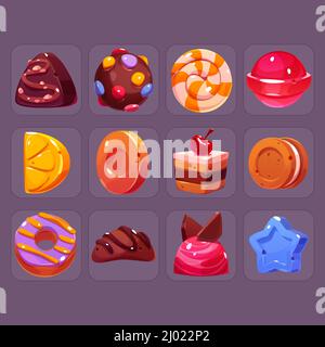 Candy Spiel Symbole Cartoon-Vektor-Set. Süßigkeiten Praline, gestreifter runder Karamell, Lollipop, Toffee, Kuchenstück, Donut und Stern, Choco Ball mit Dragee, Sandwich-Cookie, Zitronenscheibe und Schokolade ui-Elemente Stock Vektor