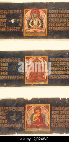 Buddha Shakyamuni (unten), Folio aus einer Paramartha Namasangiti (Absolute Wahrheit des gemeinsamen Singens des Namens). Nepal, um 1200. Manuskripte. Undurchsichtiges Aquarell und Gold auf Papier Stockfoto