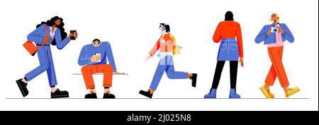 Verschiedene Menschen gehen, fotografieren und stehen mit dem Rücken. Vektor flache Illustration von Geschäftsfrau mit Kaffee gehen Sie zur Arbeit, Tourist mit Kamera, Student Mädchen in Kopfhörer, Mann verwenden Handy Stock Vektor