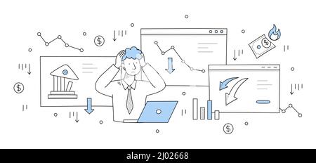 Finanzkrise, wirtschaftlicher Rückgang, Konkurskonzept mit Kritzeln traurigen Mann mit Laptop, unten Grafik und Charts auf dem Bildschirm. Vektor handgezeichnete Illustration mit verärgert Geschäftsmann und Finanzen Rückgang Stock Vektor