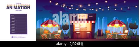 Straßencafé bei Nacht Stadtbild Hintergrund mit Schichten für 2D Spiel Animation. Cafeteria-Stand im Freien mit Tischen und Stühlen unter Sonnenschirm und Girlanden in Wolkenkratzer-Ansicht, Cartoon-Vektor-Illustration Stock Vektor