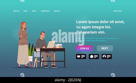 Geschäftsmann mit Assistentin mit Laptop-Geschäftsmann und Sekretärin arbeiten zusammen Stock Vektor