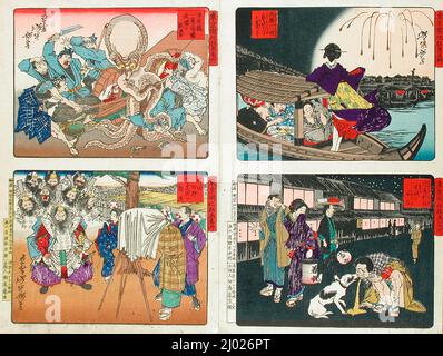 Zusammengestelltes Album aus vier Serien: Ein Spiegel berühmter Generäle Japans; Comic-Bilder berühmter Orte im zivilisierenden Tokio; 24 Errungenschaften im kaiserlichen Japan; 24 Stunden in Shinbashi und Yanagivashi. Tsukioka Yoshitoshi (Japan, 1839-1892)Morikawa Chikashige (Japan, aktive zweite Hälfte des 19.. Jahrhunderts). Japan, 1876-1882. Ausdrucke. Album mit dreizehn Farbholzschnitten aus vier Serien Stockfoto