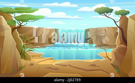 Afrikanische Seenlandschaft mit Wasserfall zwischen Felsen. Kaskade schimmert nach unten. Fließendes Wasser. Akazienzweige. Cooler Cartoon-Style. Vektor. Stock Vektor
