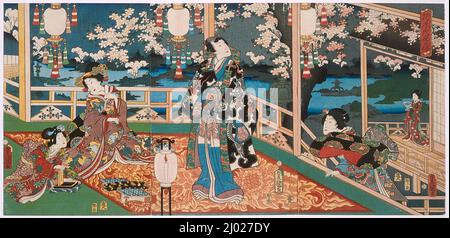 Nachtsicht der Blume Genji. Utagawa Kunisada (Toyokuni III) (Japan, Edo, 1786-1865). Japan, 1861, 2. Monate. Drucke; Holzschnitte. Triptychon; Farbholzschnitte Stockfoto