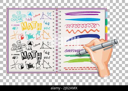 Hand schreiben mathematische Formel und Doodle auf Notebook-Raster Hintergrund Illustration Stock Vektor