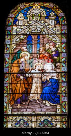 Joseph Mary Finding Young Jesus Temple Glasmalerei Basilica Church Immaculate Conception Blessed Mary Phoenix Arizona Glasmalerei aus dem Jahr 1915 Stockfoto