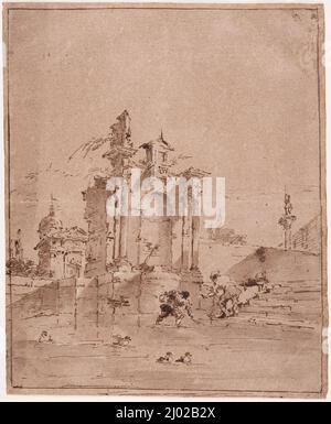 Architektonisches Capriccio. Francesco Guardi (Italien, Venedig, 1712-1793). Italien, ca. 1770-1780. Zeichnungen. Stift und braune Tinte mit Waschmittel auf dunkelgrauem Papier, mit weißen Akzenten Stockfoto