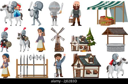 Mittelalterliche Figuren Gebäude Set Illustration Stock Vektor