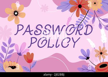 Passwortrichtlinie für Handschrift von Text. Wort geschrieben in der ersten Zeile des Schutzes gegen unbefugten Zugriff Blank Frame mit Abstract verziert Stockfoto
