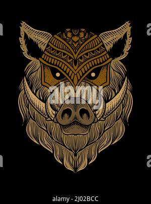 Illustration Wildschwein Kopf Gravur Stil mit Maske Stock Vektor