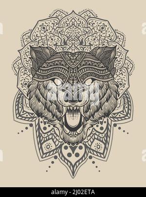 Illustration Wolf Kopf Gravur Mandala Stil mit Maske Stock Vektor