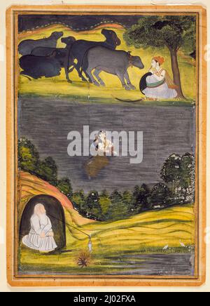 Sohni schwimmt, um ihren Liebenden Mahinwal zu treffen. Stil von Muhammad Faqirulah Khan (Indien, Uttar Pradesh, Lucknow oder Farrukhabad, um 1780). Indien, Uttar Pradesh, Awadh, Lucknow oder Farrukhabad, um 1780. Zeichnungen; Aquarelle. Undurchsichtiges Aquarell und Gold auf Papier Stockfoto