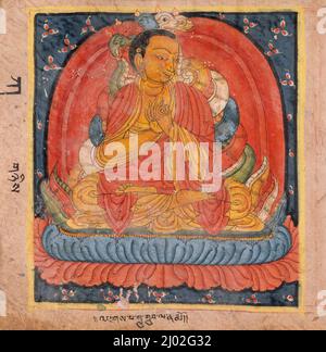 Nagarjuna (links), Buton Rinpoche (rechts), Folio aus einem Dharani (Schutzzauber oder Ermächtigungszauber). Zentraltibet, Shalu Kloster (?), Ende 14. - Anfang 15. Jahrhundert. Manuskripte. Undurchsichtige Aquarelle und Tinte auf Papier Stockfoto