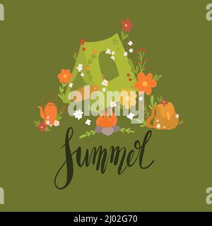 Vektor Clipart Illustration des Sommer-Abenteuers mit Schriftzug. Helles Kinderbild des Wanderns. Zelt und Lagerfeuer mit Blumenschmuck und Wort Stock Vektor