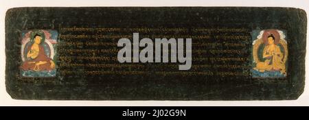 Zwei Buddhas; Folio aus einem Gyalpo Kachem (Testament und Testament des Königs). Zentraltibet, um 1500. Manuskripte. Undurchsichtiges Aquarell und Gold auf Papier Stockfoto