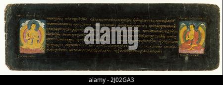 Zwei Buddhas; Folio aus einem Gyalpo Kachem (Testament und Testament des Königs). Zentraltibet, um 1500. Manuskripte. Undurchsichtiges Aquarell und Gold auf Papier Stockfoto