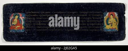 Zwei Buddhas; Folio aus einem Gyalpo Kachem (Testament und Testament des Königs). Zentraltibet, um 1500. Manuskripte. Undurchsichtiges Aquarell und Gold auf Papier Stockfoto