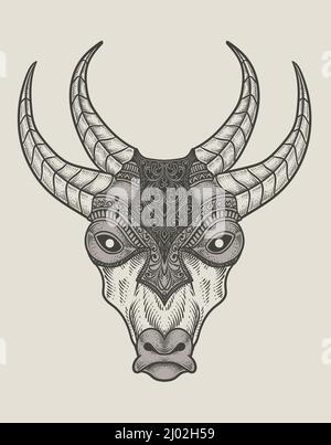 Illustration Kuh Kopf Gravur Stil mit Maske Stock Vektor