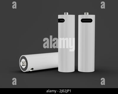 3D illustrierte wiederaufladbare Typ-C-Batterien im AA-Format, isoliert auf grauem Hintergrund Stockfoto