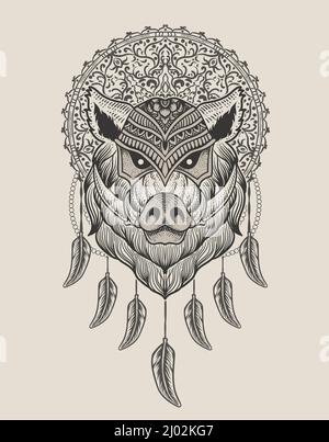 Illustration Wildschwein Kopf mit Gravur Mandala Stil Stock Vektor