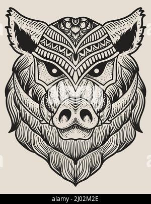 Illustration Wildschwein Kopf Gravur Stil mit Maske Stock Vektor