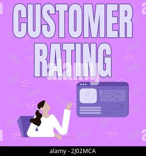 Konzeptionelle Darstellung Kundenbewertung. Geschäftsübersicht jeder Punkt der Kunden verbessert die Experience Line Drawing für Lady Sitting Presenting New Stockfoto