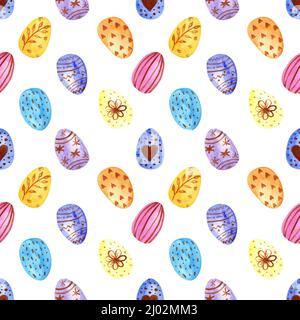 Ostereier nahtloses Muster. Isoliert auf weißem Hintergrund. Endloser Druck im Frühling. Fröhliche Ostern wiederholbarer Druck. Stockfoto