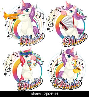 Set niedlichen Einhorn spielen Musikinstrumente mit Noten auf weißem Hintergrund Illustration Stock Vektor