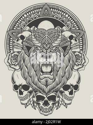 Illustration Löwenkopf mit Totenkopf und Rosenblüte Stock Vektor