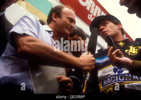 Ayrton Senna nach seinem ersten GP in Portugal 1985 Stockfoto