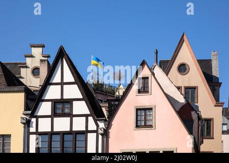 Aus Solidarität mit der Ukraine winkt die ukrainische Flagge über den Dächern der Kölner Altstadt. 3. März 2022. Aus Solidaritaet mit der Ukr Stockfoto