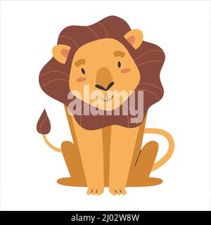 Niedlicher Löwe lächelt, wildes afrikanisches Safari-Tier, Vektorzeichnung isoliert auf weißem Hintergrund, Aufkleber oder Poster für Kinder Stock Vektor
