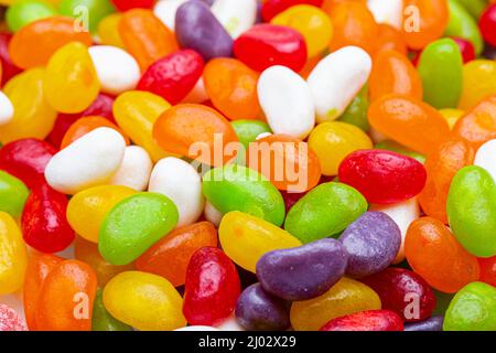 Verschiedene leckere Süßigkeiten und Gelees als Hintergrund. Viele bunte Gelee Süßigkeiten Bonbon Geschmack. Hochwertige Fotos Stockfoto