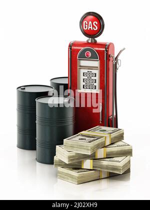 Retro-Kraftstoffpumpe, Ölfässer und Haufen von Dollarscheinen. 3D Abbildung. Stockfoto