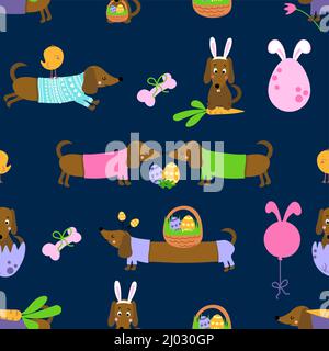 Dackel Ostereierjagd Party - Lustige Cartoon weiner Hunde und Eier. Niedlicher Kaktus, Charaktere. Handgezeichnetes Doodle-Set für Kinder. Für Textilien, Kinderzimmer, Stock Vektor