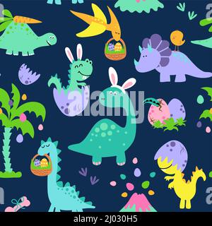 Dino Easter Egg Hunt Party - Lustige Cartoon-Dinosaurier, Knochen und Eier. Niedlicher t rex, Charaktere. Handgezeichnetes Vektor-Doodle-Set für Kinder. Gut für textil Stock Vektor