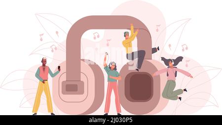 Musik Menschen, Zeichentrickfiguren genießen Musik-Wiedergabeliste. Happy Human Dancing to Music Vektor Illustration Set. Riesige Ohrhörer spielen Lieblingssong Stock Vektor