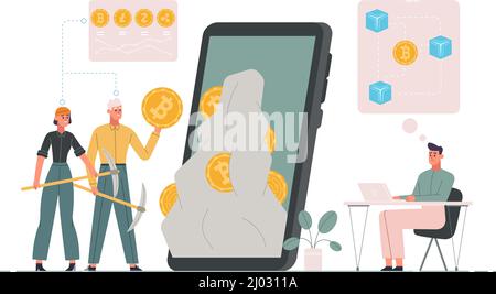 Bitcoin, Krypto-Münze Brieftasche, Kryptowährung Bergbau-Technologie-Konzept. Bitcoins und Altcoins Farming Tech Vektor Illustration. Modernes elektronisches Geld Stock Vektor