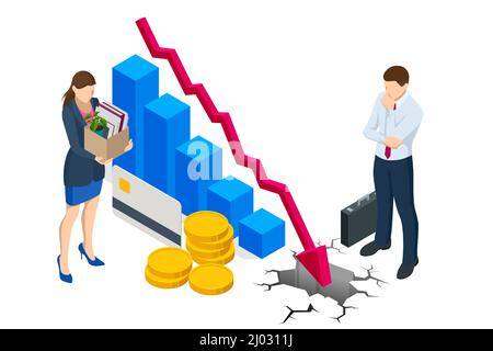 Isometrisches Konzept von Konkurs, Konkurs, Minderung der schlechten Wirtschaft, Haushaltsrezession, Finanzkrise, Marktrückgang, Investitionsausgaben. Stock Vektor