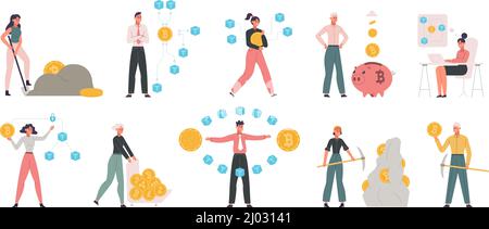 Blockchain-Datentechnologien, arbeiten Menschen mit Blockchain-Fin-Tech-Industrie. Finanziers und Geschäftsleute Bergbau Münzen Vektor Illustration Stock Vektor