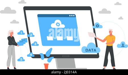 Online-Speicher, Cloud-Hosting, Technologiekonzept für Hardwareplattform. Vektor-Illustration für Online-Cloud-Dienste von Netzwerken. Cloud-Technologie-IT Stock Vektor