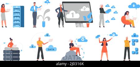 Cloud-System, Online-Datenspeicher und Cloud-Engineering. Online Data Cloud Server Engineer Zeichen Vektorgrafik Satz. Cloud-Engineering Stock Vektor