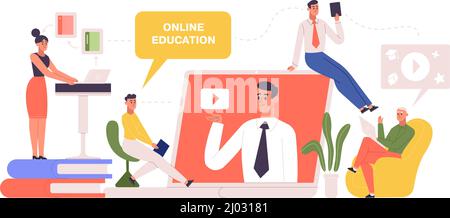 Online-Lernen, E-Bibliothek, digitale Workshop-Tutorials. Menschen lernen durch das Lesen von Büchern Vektor-Illustration. Charaktere lernen in E-Libraries Stock Vektor