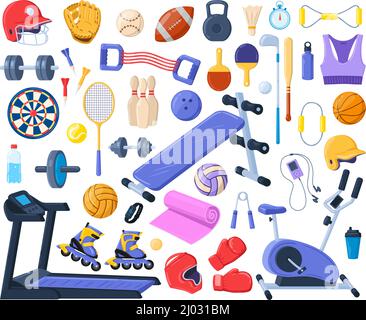 Cartoon Sport Fitnessgeräte, Gym Sport Tools. Sportelemente im Fitnessstudio, Vektorsymbole für Indoor-Aktivitäten. Sportzubehör Stock Vektor